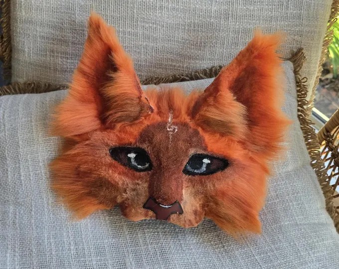 Hand-sculpted fox therian mask with ginger and rust faux fur and black mesh eyes